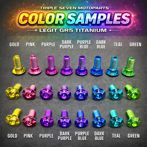 GR5 Titanium Bolt Color Samples - Gold Pink Purple Blue Dark Blue Burn Rainbow - Triple Seven Motoparts